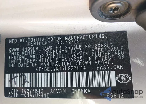 2004 Toyota Camry Le z USA, uszkodzony, nr VIN 4T1BE32K14U837814